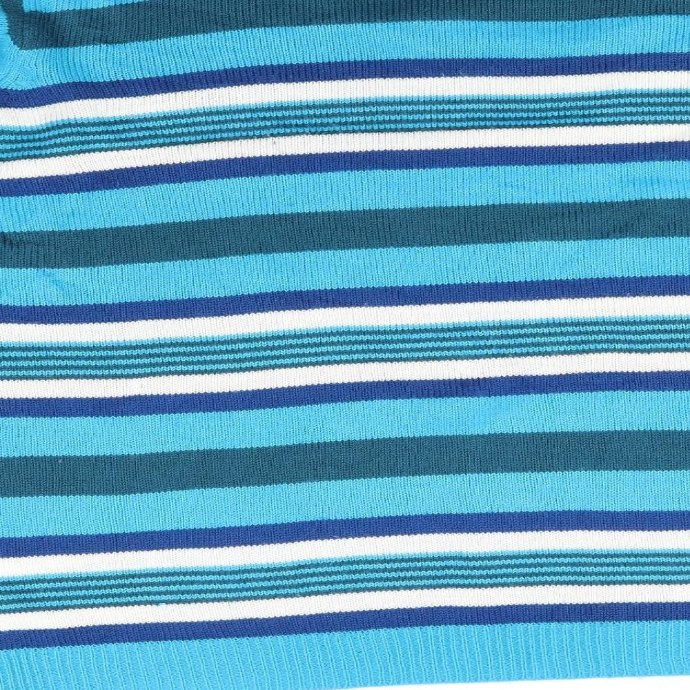 Brand and care label for Ble women’s blue striped jumper, size L