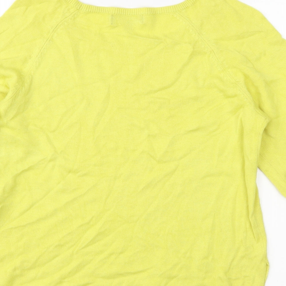 Brand and care label for New Look women’s yellow jumper, size UK 6