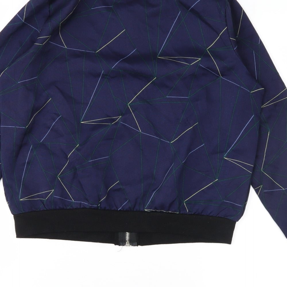 Brand and care label for jcl women’s blue geometric varsity jacket jacket, size S