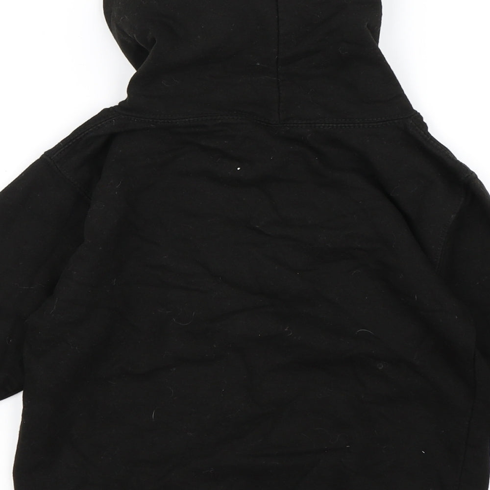 Brand and care label for Just Hoods boys’ black jersey pullover hoodie, size 7-8, years - dobre