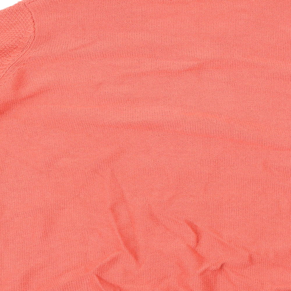 Brand and care label for Isle women’s orange argyle/diamond jumper, size M