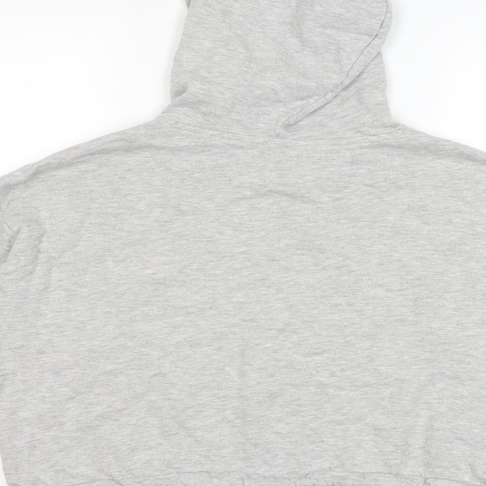 Brand and care label for H&M girls’ grey pullover hoodie, size 14, years