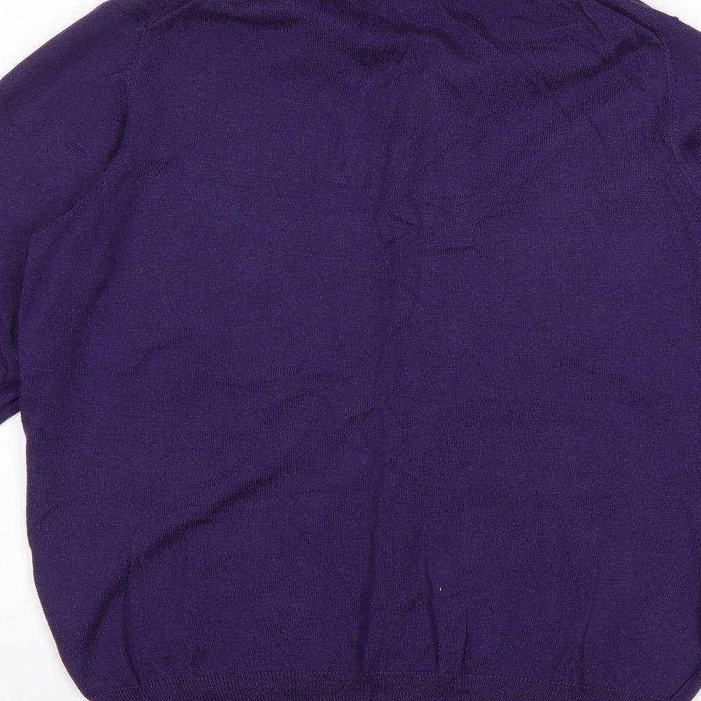 Brand and care label for Marks & Spencer men’s purple jumper, size S