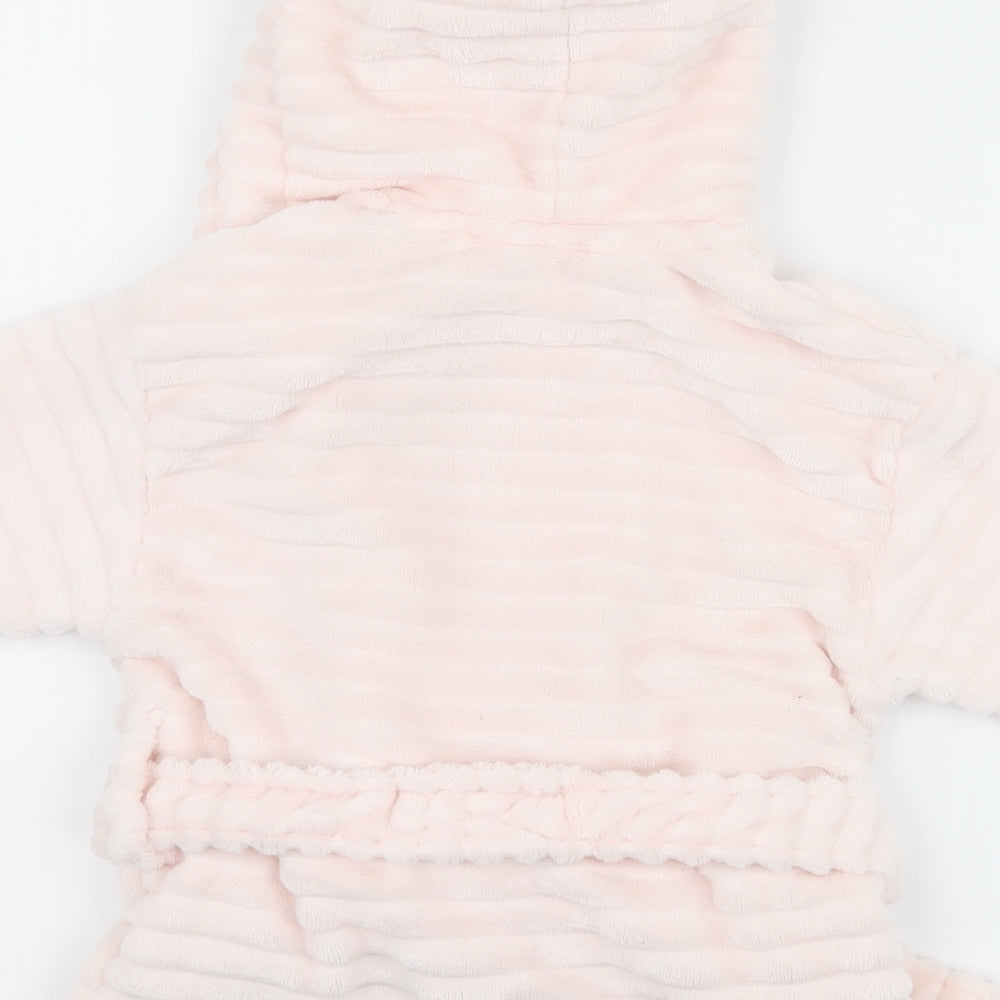 Brand and care label for Next girls’ pink fleece kimono robe, size 9-12, months