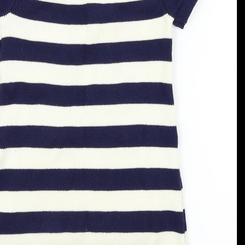 Brand and care label for Miss Mona mouse boys’ blue striped fit & flare, size 18-24, months