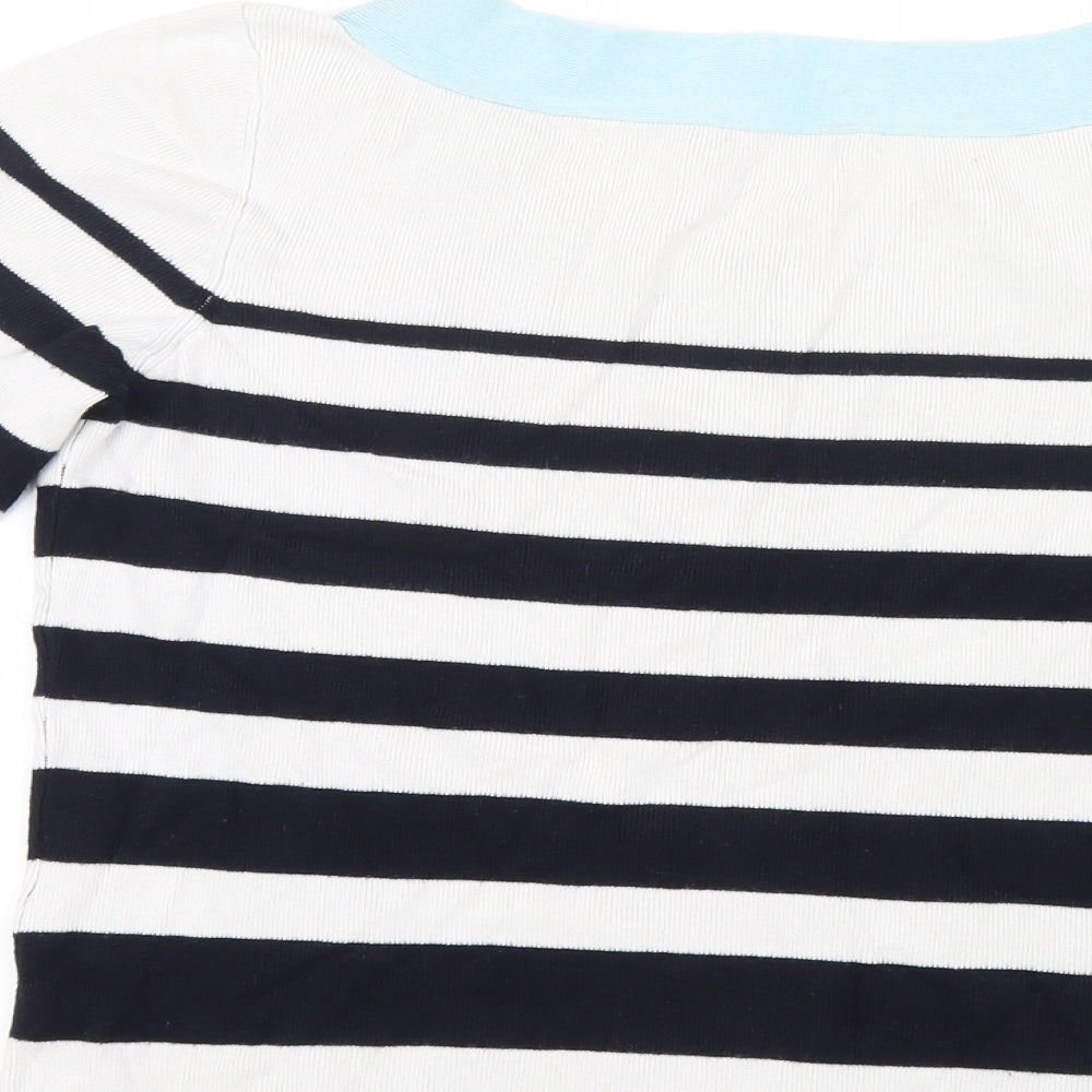 Brand and care label for Precis women’s white striped knit jumper, size M