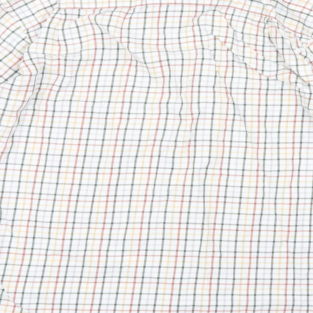 Brand and care label for John M. Cotton men’s green check button-up, size 17