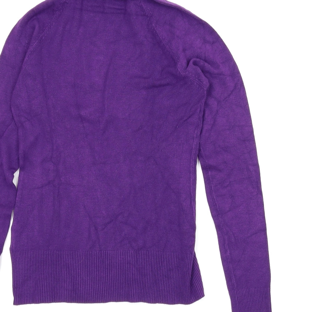 Brand and care label for Preworn women’s purple jumper, size S