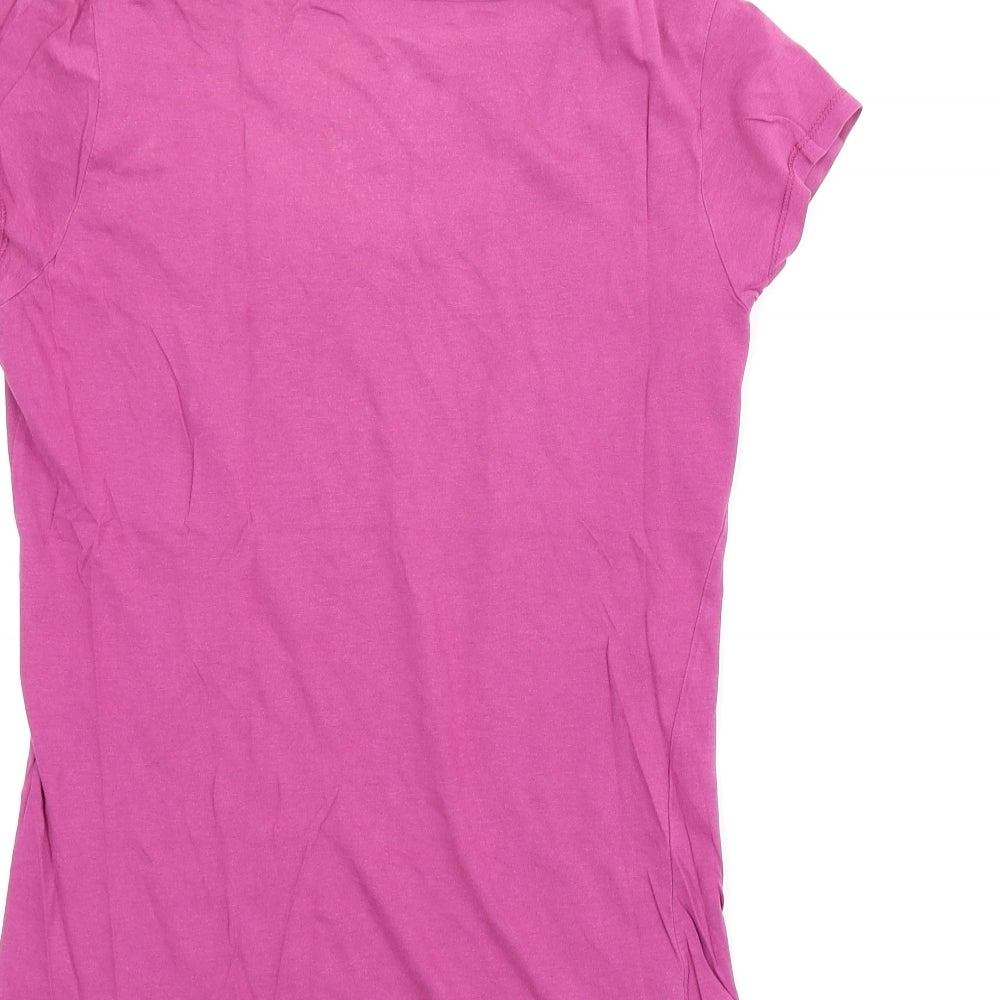 Brand and care label for Xdye Monsters women’s purple basic t-shirt, size M
