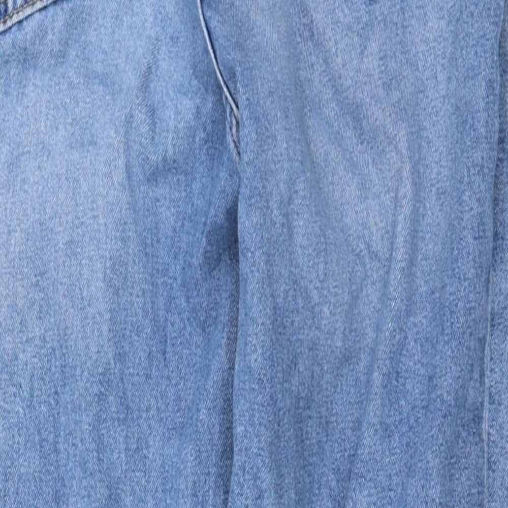 Brand and care label for H&M women’s blue straight jeans, size UK 8, 25-inch leg