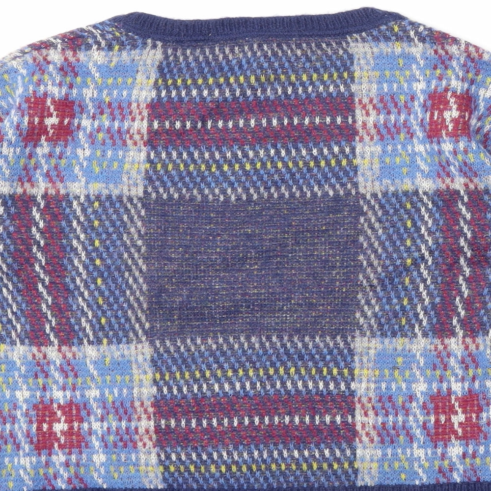 Brand and care label for Johnnie B boys’ blue check knit jumper, size 13, years