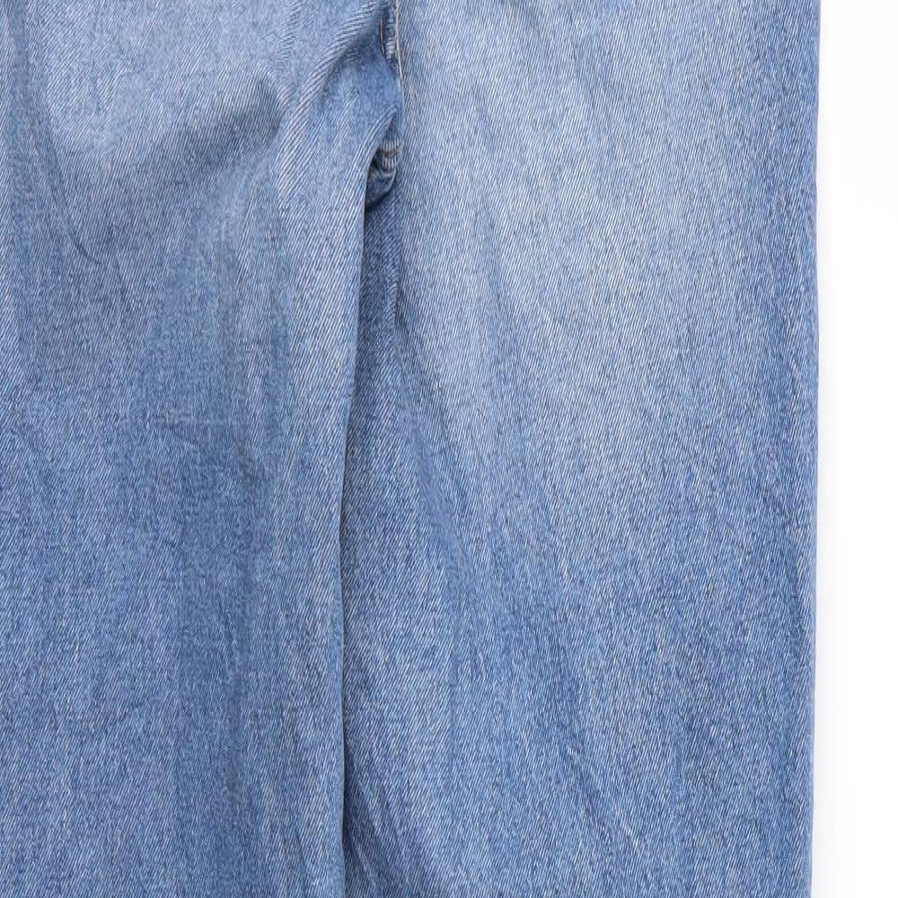 Brand and care label for H&M women’s blue denim straight jeans, size UK 8, 30-inch leg