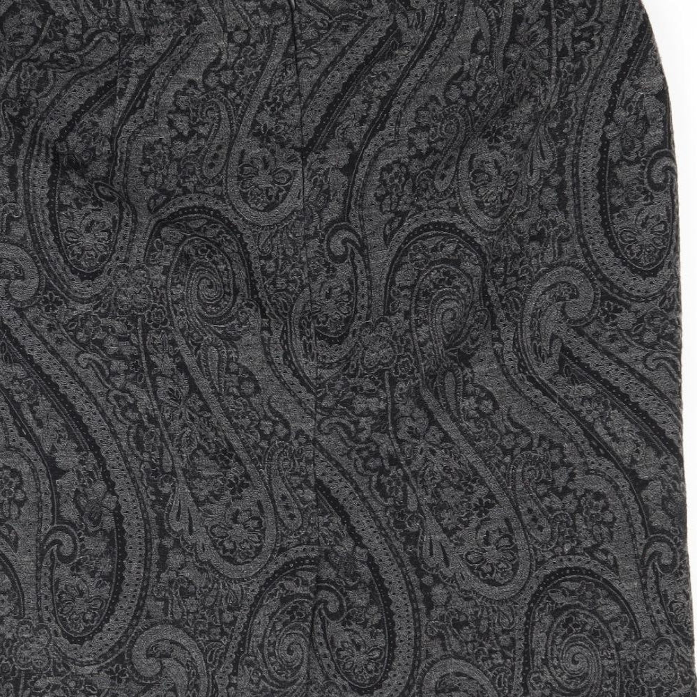 Brand and care label for Alex & Co women’s grey paisley a-line skirt, size UK 14