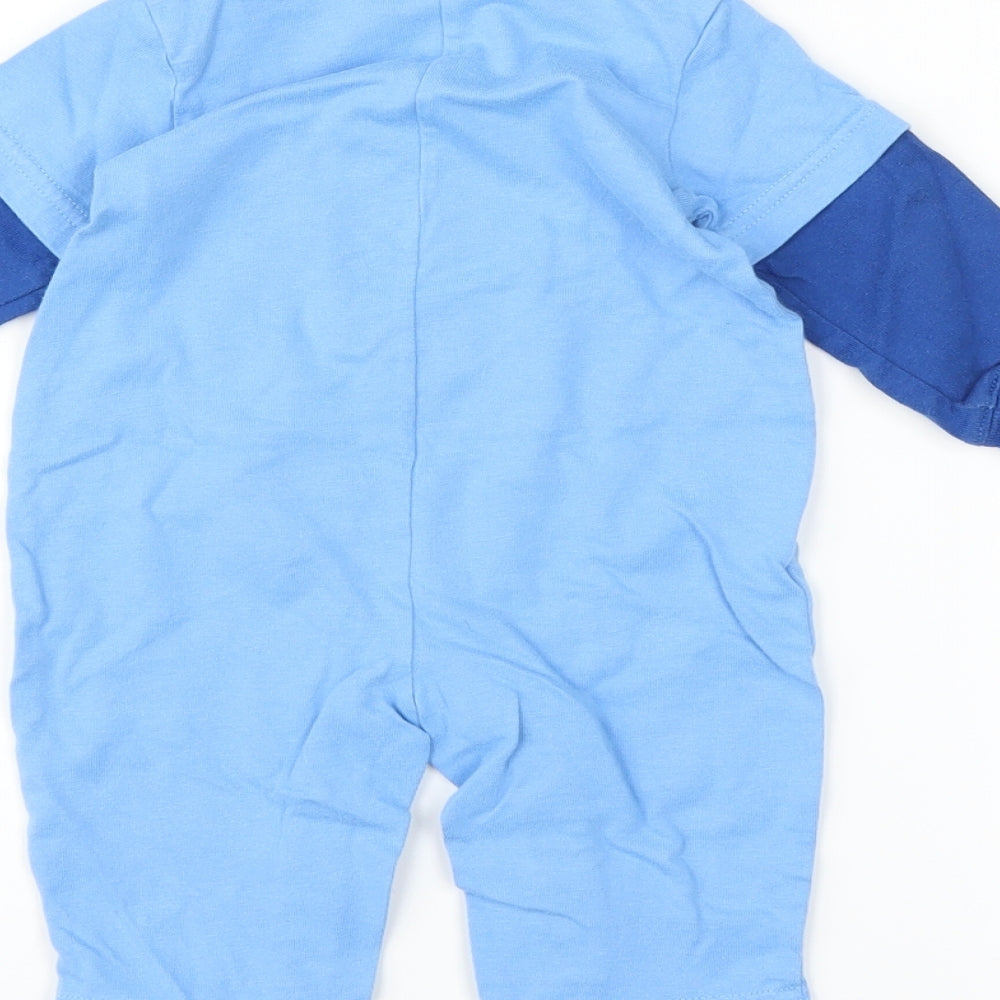 Brand and care label for Little Wonders Baby Blue Babygrow One-Piece, size 3-6, Months