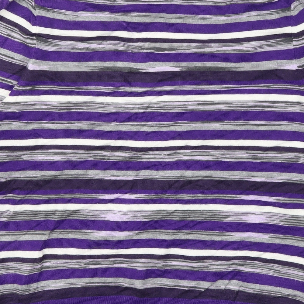Brand and care label for Country Casuals women’s purple striped jumper, size S