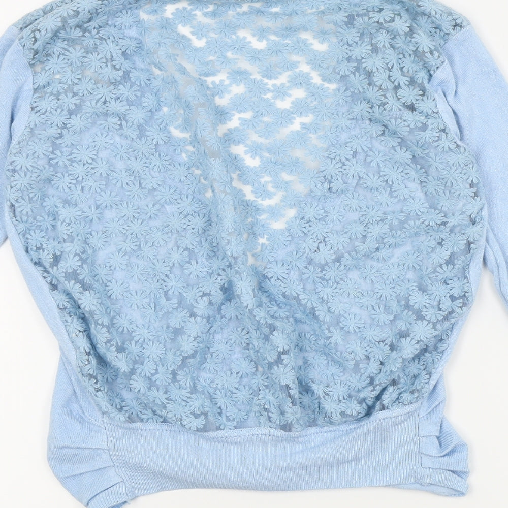 Brand and care label for Mirumi women’s blue floral cardigan jumper, size S, - open