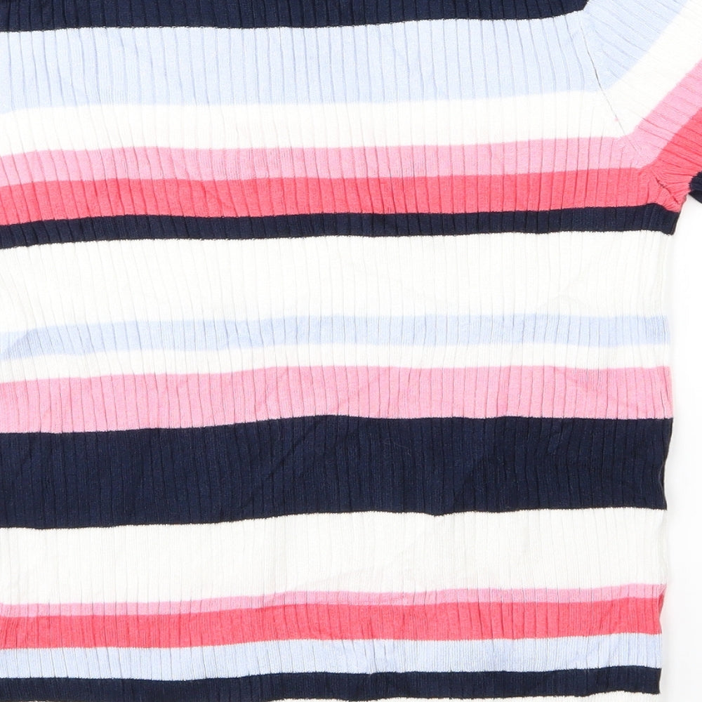 Brand and care label for Marks & Spencer women’s pink striped jumper, size UK 12