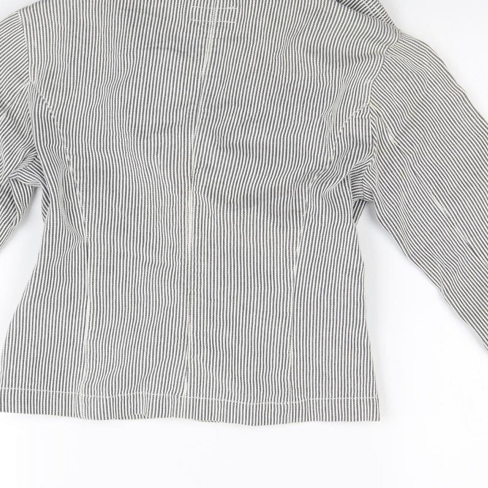 Brand and care label for Moto women’s blue striped jacket, size UK 8