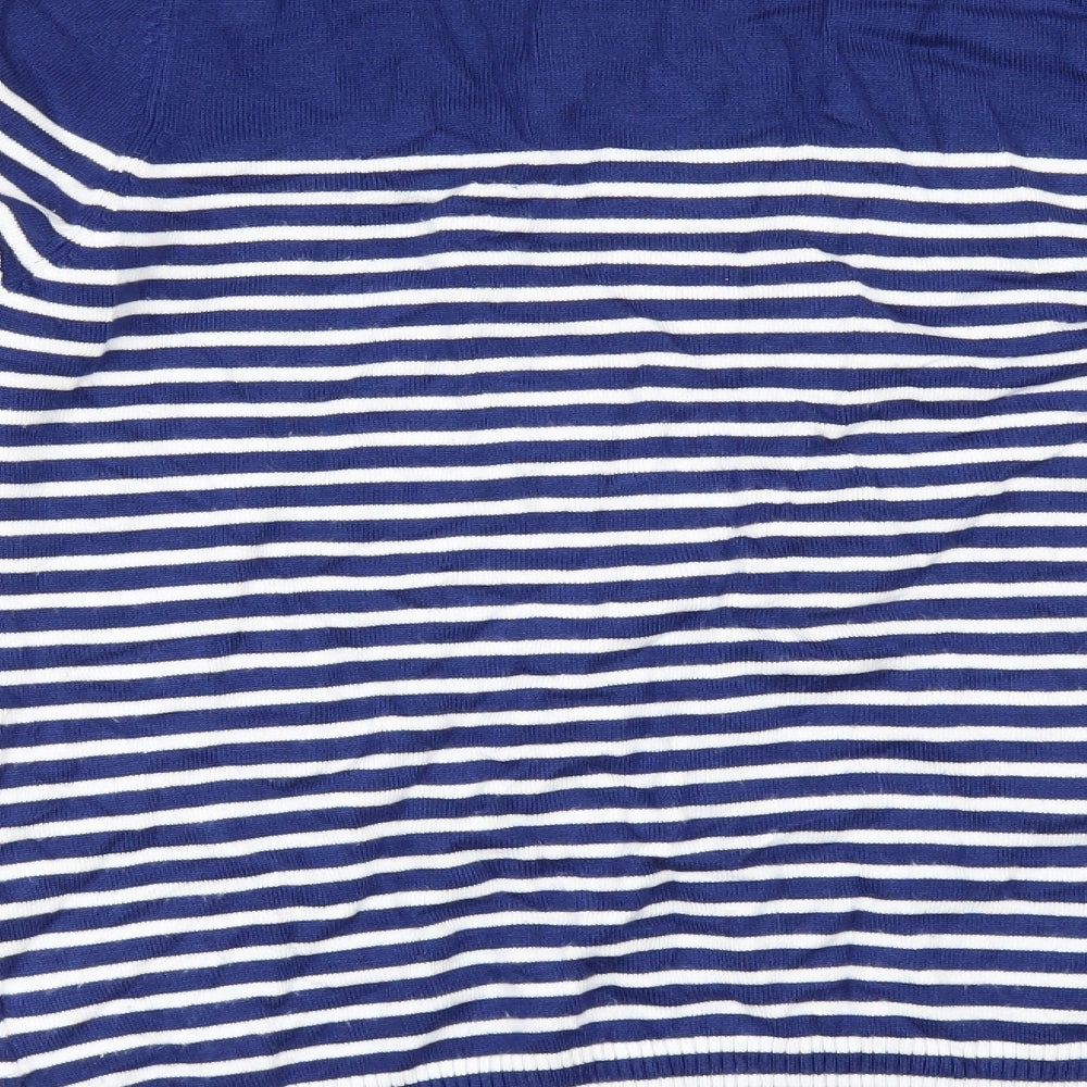 Brand and care label for Joseph A women’s blue striped jumper, size L