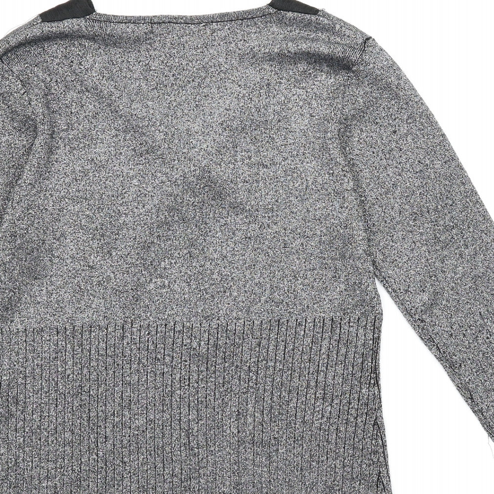 Brand and care label for Preworn women’s silver jumper, size L