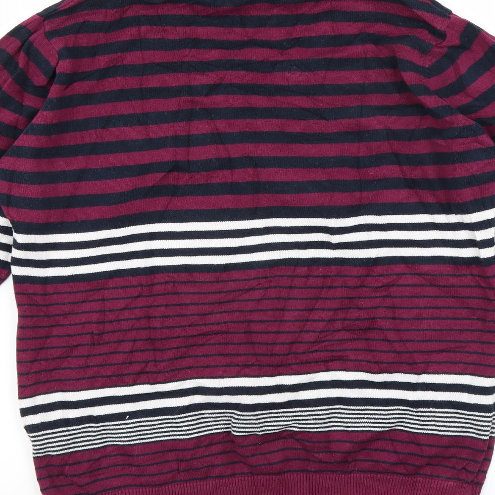 Brand and care label for EWM women’s purple striped jumper, size M