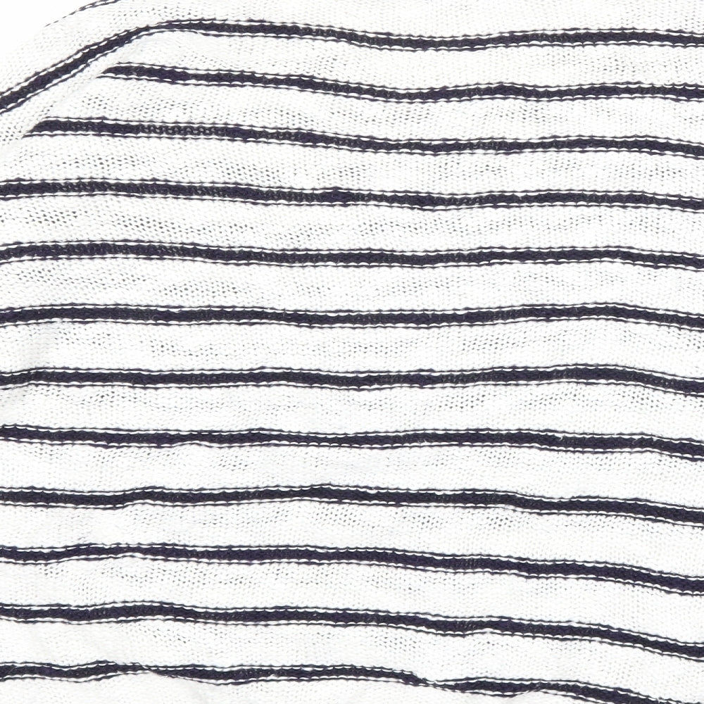 Brand and care label for New Look women’s white striped knit jumper, size UK 10