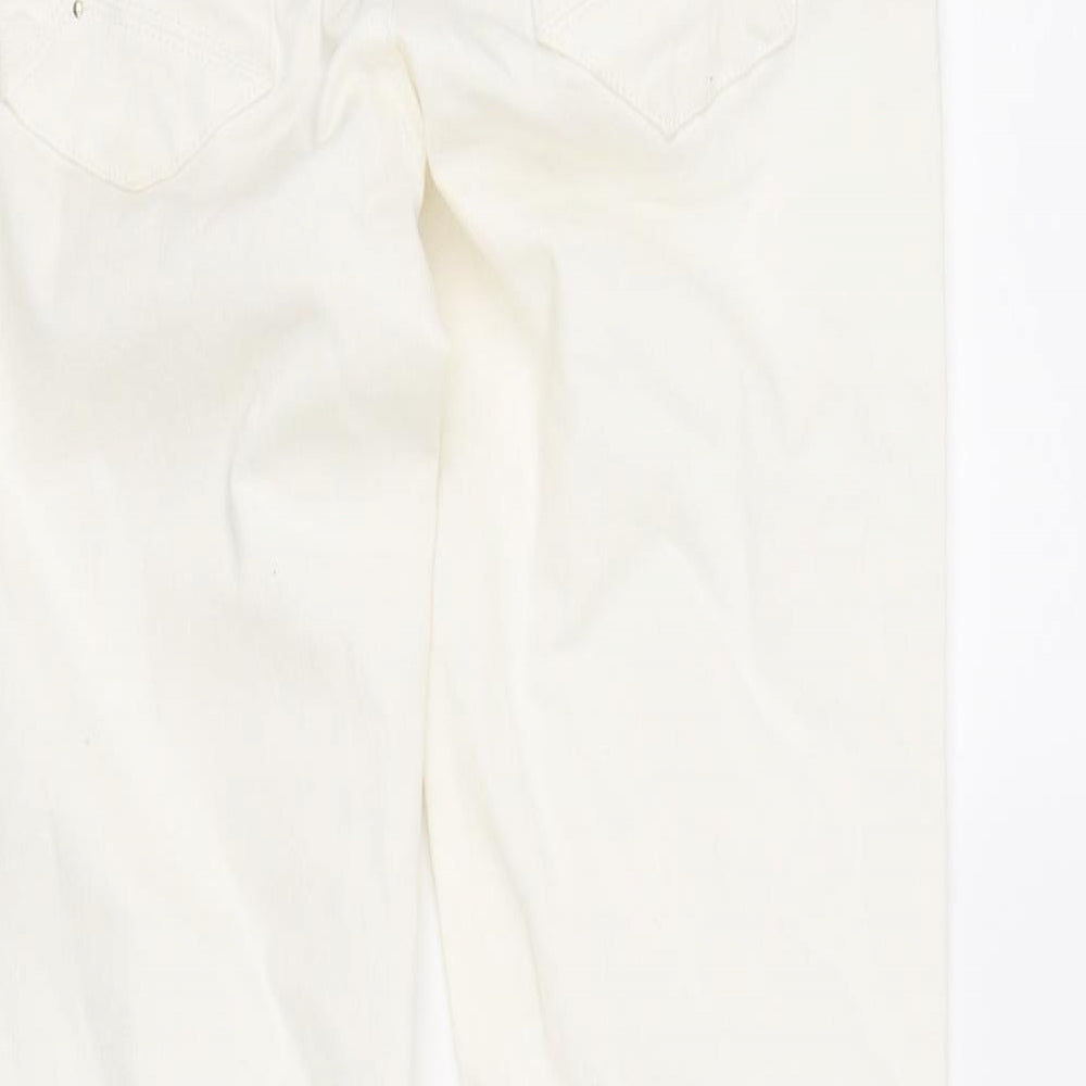 Brand and care label for Promod women’s white straight jeans, size UK 8, 28-inch leg