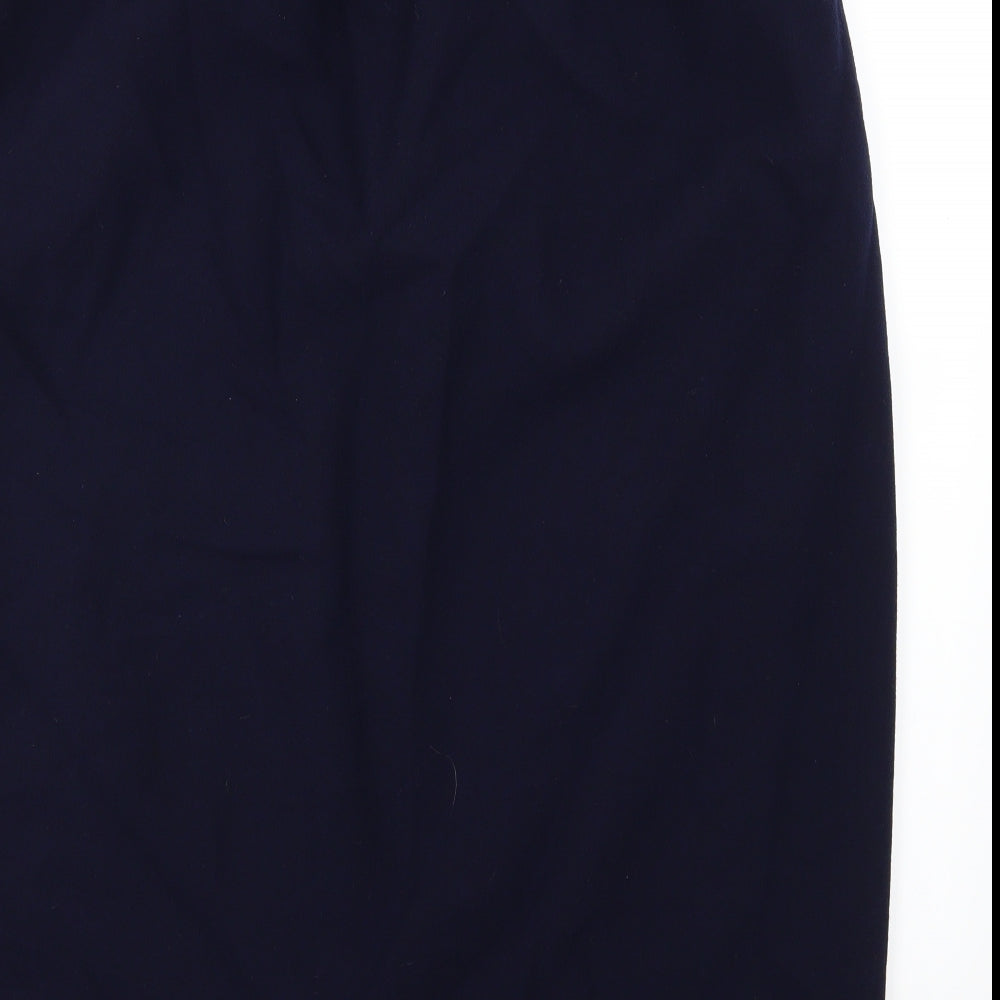 Brand and care label for Preworn women’s blue rayon straight & pencil skirt, size UK 40, in
