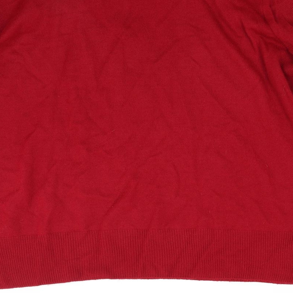 Brand and care label for Preworn women’s red knit jumper, size L