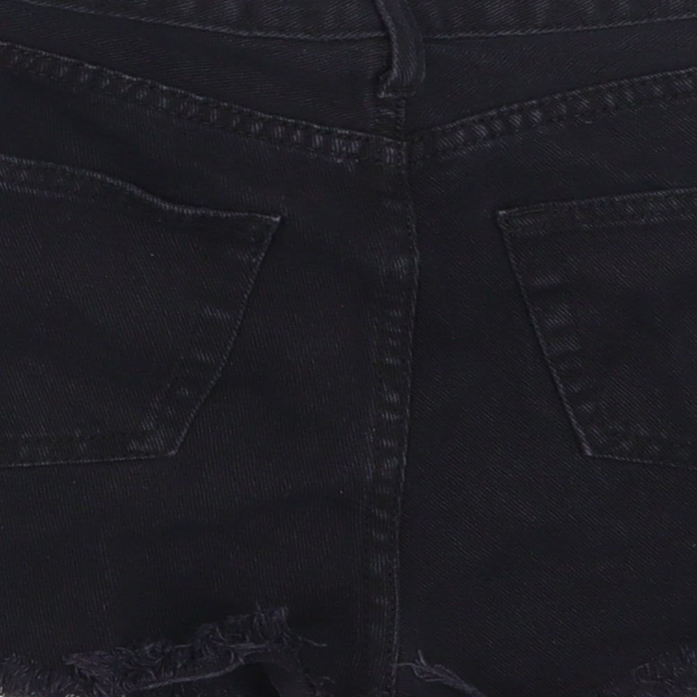 Brand and care label for Preworn women’s black denim hot pants shorts, size S