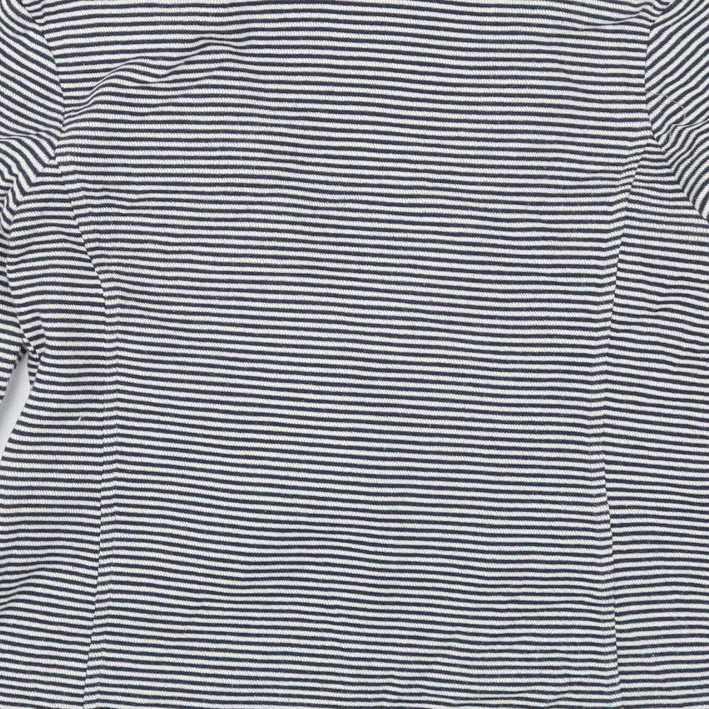 Brand and care label for New Look women’s blue striped jacket, size UK 12