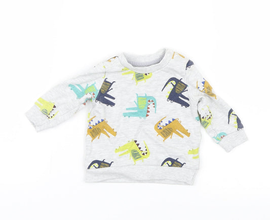 Additional front view of F&F boys’ grey geometric knit jumper, size 0-3, months - dinosaur