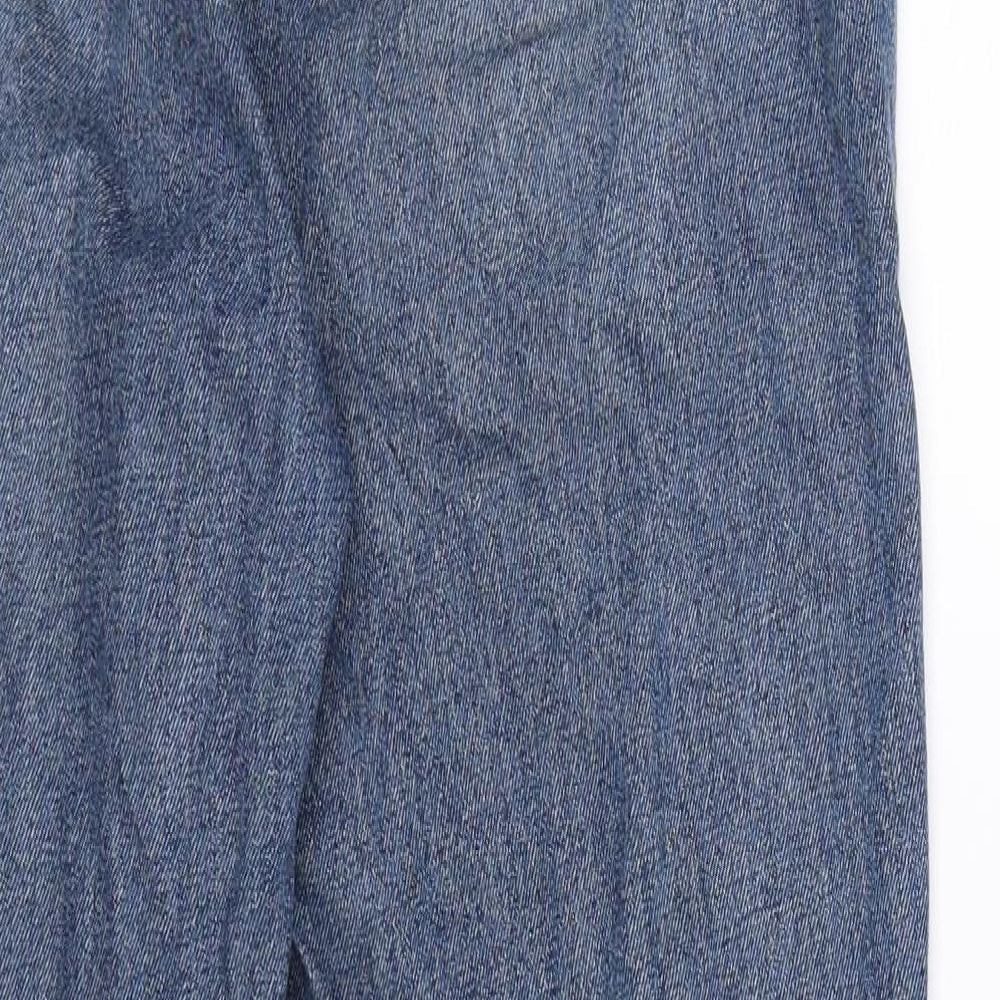 Brand and care label for Riot women’s blue denim mom jeans, size UK 10, 29-inch leg