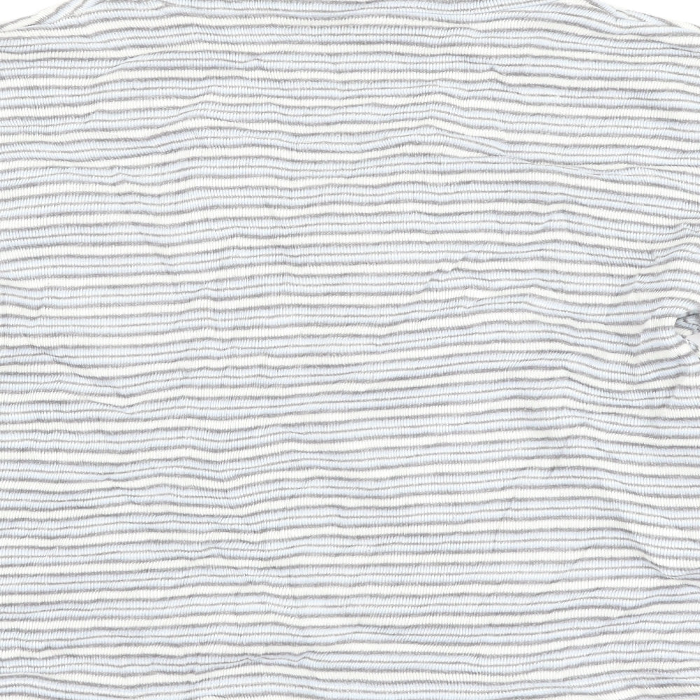 Brand and care label for Bonmarché women’s blue striped henley sweatshirt, size M