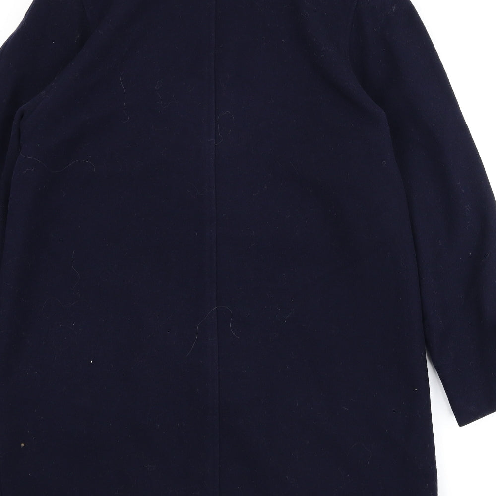 Brand and care label for Woolmark women’s blue overcoat coat, size UK 14