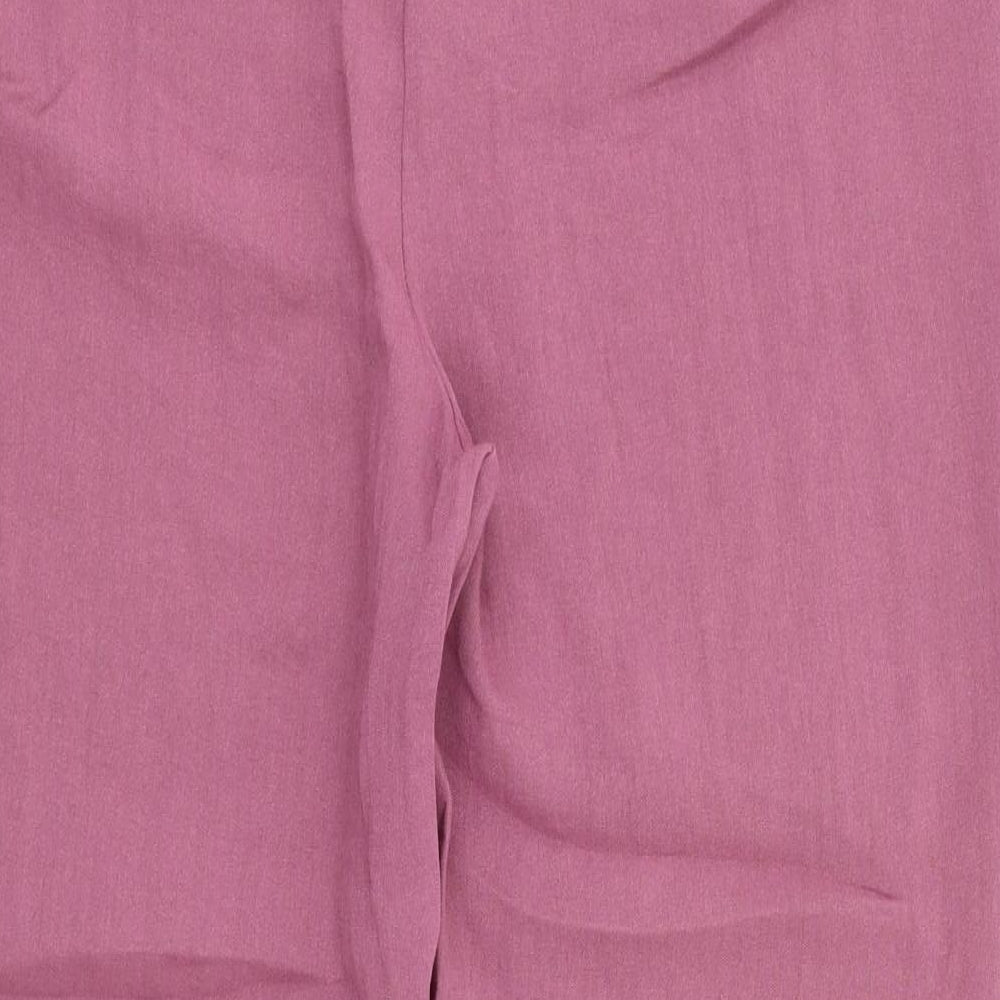 Brand and care label for Aria women’s purple floral trousers, size UK 14, 28-inch leg