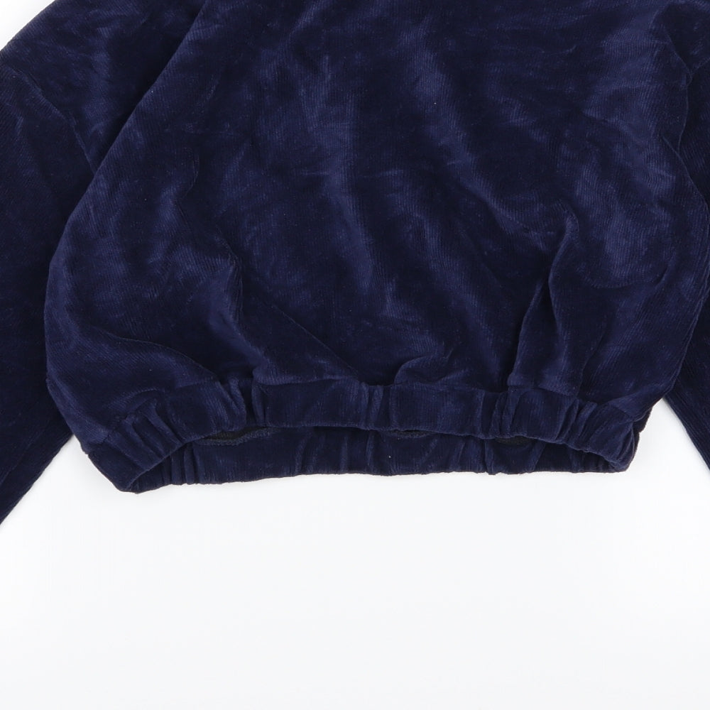 Brand and care label for Evra women’s blue corduroy pullover sweatshirt, size L