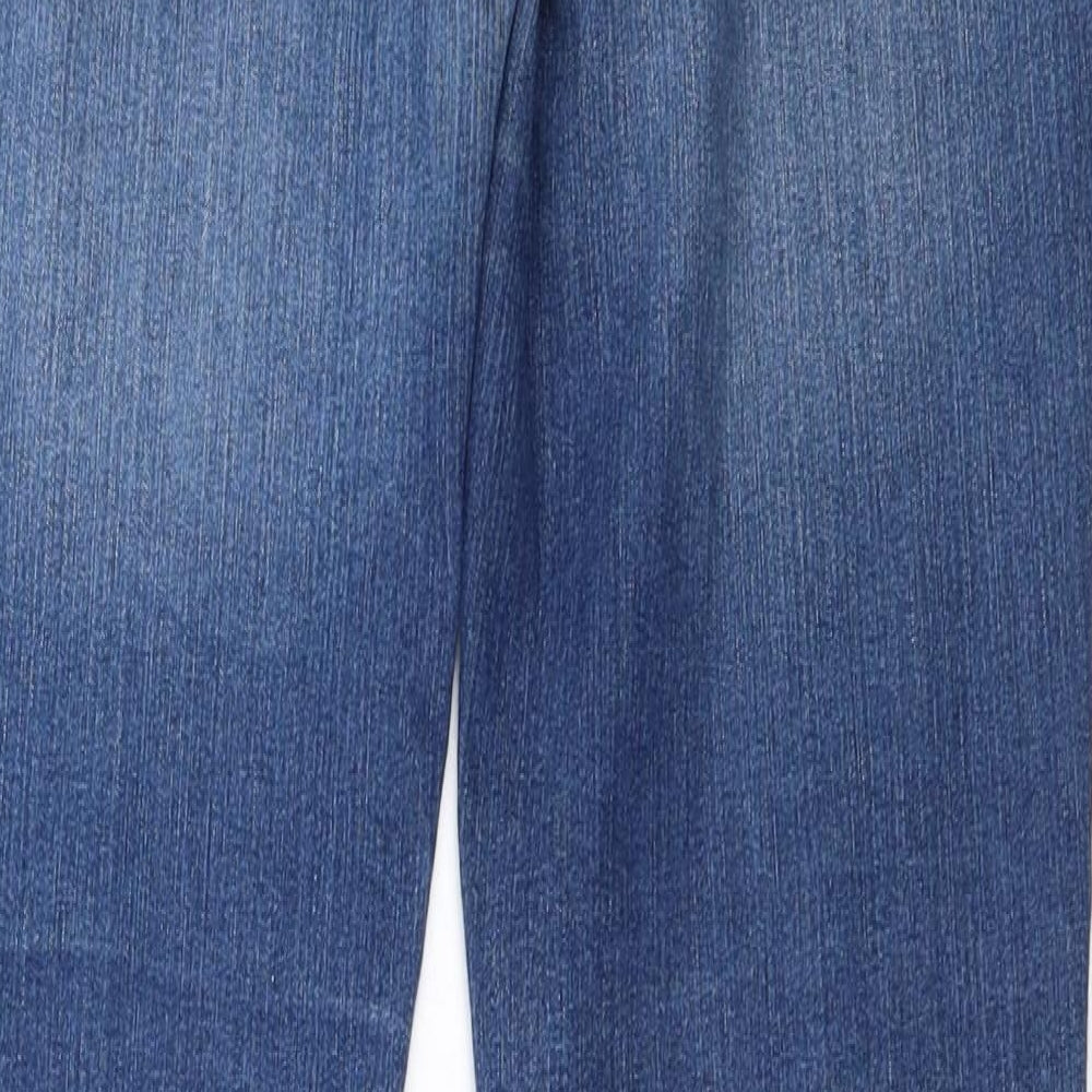 Brand and care label for essential denim women’s blue straight jeans, size UK 34, in, 30-inch leg