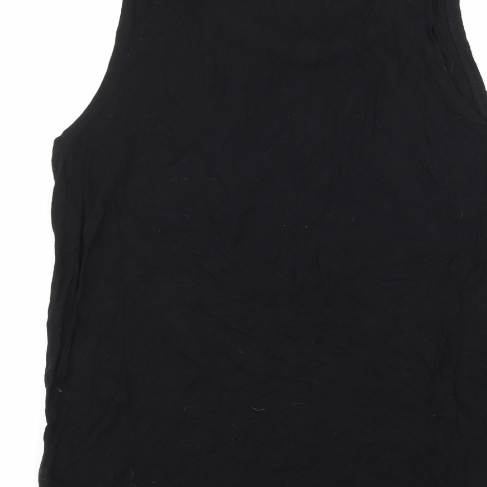 Brand and care label for H&M women’s black jersey basic tank, size M, - embellished neckline