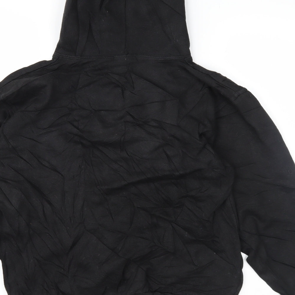 Brand and care label for women’s black pullover hoodie, size XS