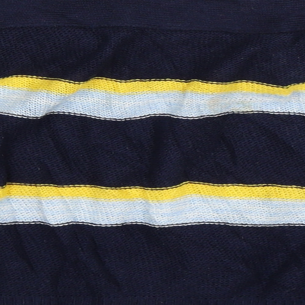 Brand and care label for Preworn women’s blue striped knit jumper, size L