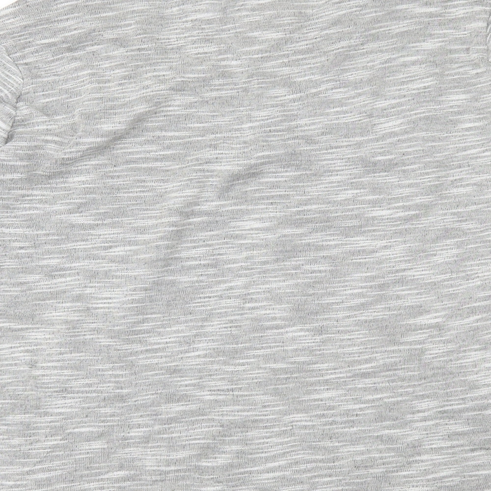 Brand and care label for H&M women’s grey tunic t-shirt, size M
