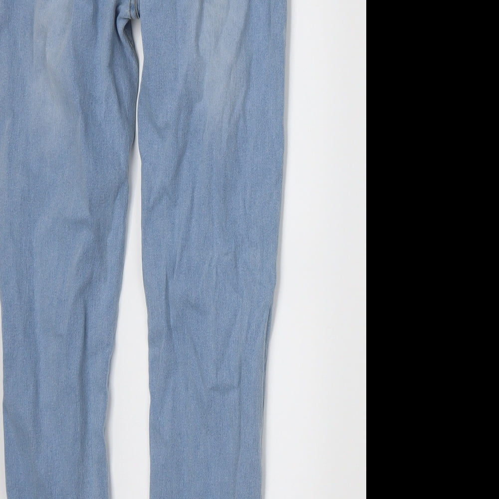 Brand and care label for women’s blue skinny jeans, size M, 27-inch leg