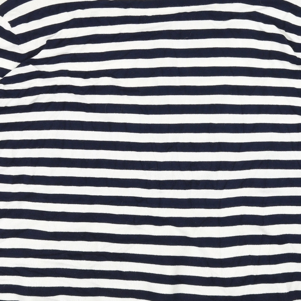 Brand and care label for M&Co women’s blue striped knit cardigan jumper, size UK 18