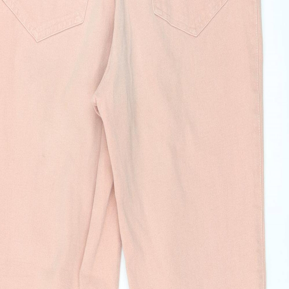 Brand and care label for Pantalon Chameleon women’s pink straight jeans, size UK 12, 27-inch leg - salmon