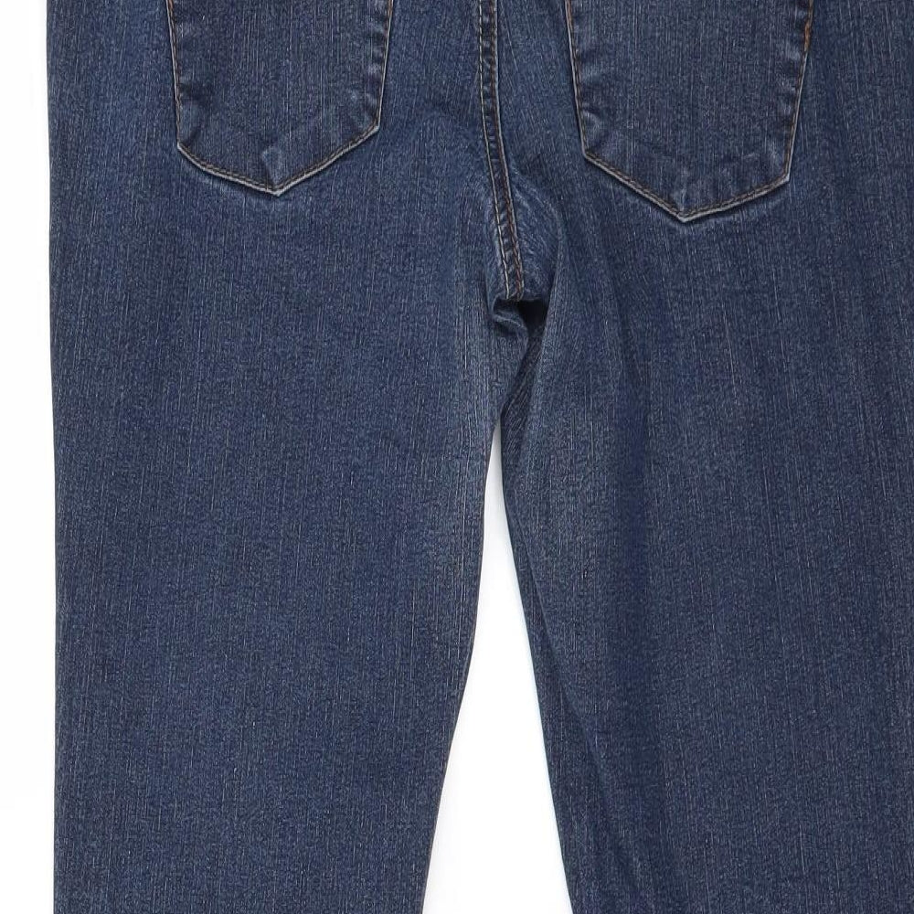 Brand and care label for Dorothy Perkins women’s blue straight jeans, size UK 14, 26-inch leg - zip