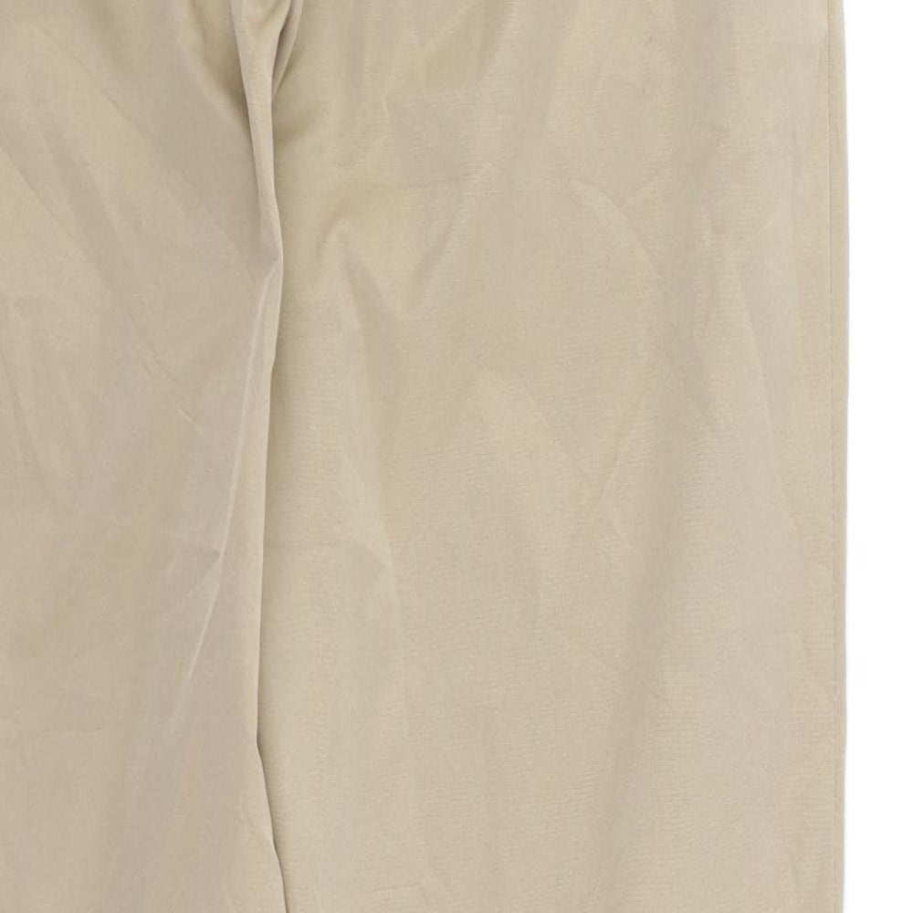 Brand and care label for Pretty Girl women’s brown chino trousers, size L, 27-inch leg