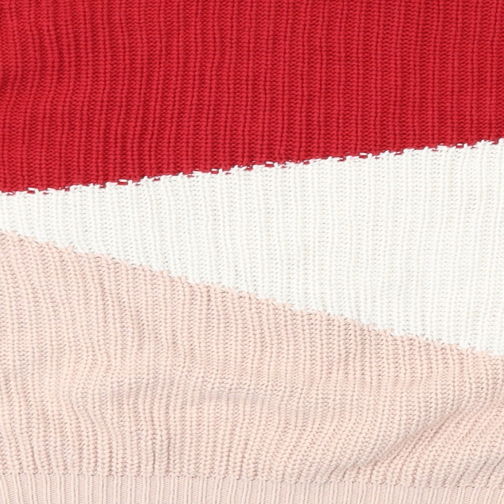 Brand and care label for New Look women’s red geometric knit jumper, size S