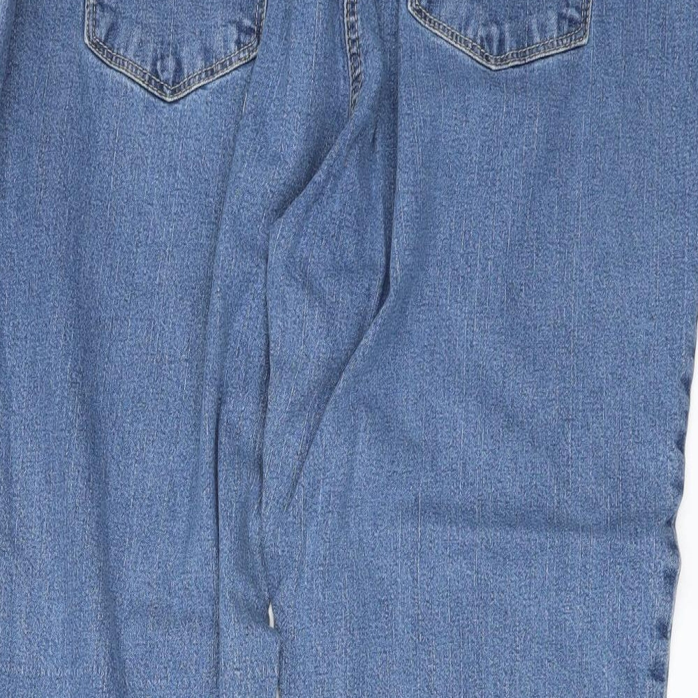 Brand and care label for Ellie women’s blue denim straight jeans, size UK 42, in, 27-inch leg