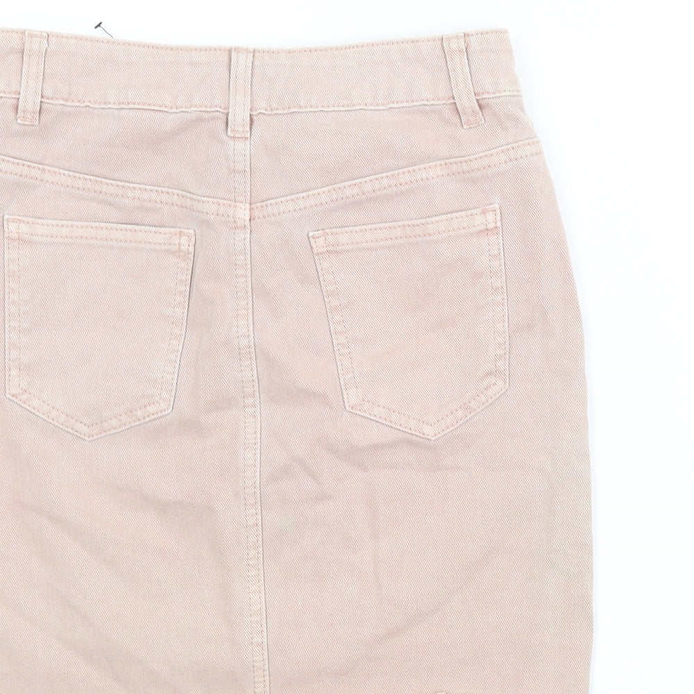 Brand and care label for Next women’s pink denim a-line skirt, size UK 6